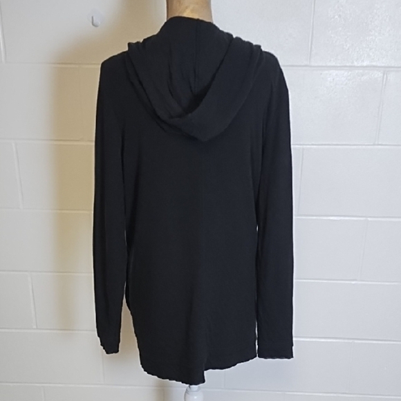 Casual Black Knit Zip Front Pocketed Long Cardigan Hoodie Raw Edged - Picture 2 of 13